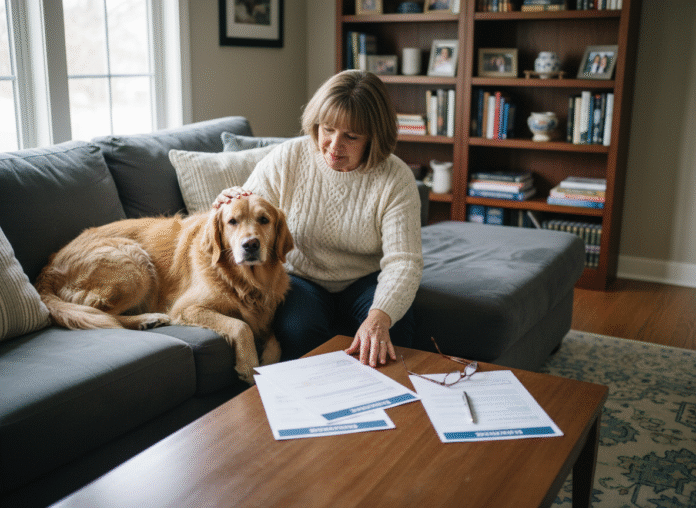 Femme assise avec retriever dans un salon cosy