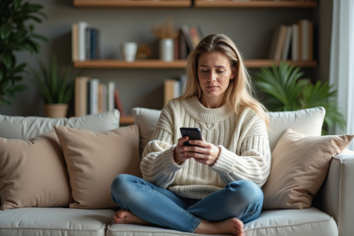 femme-salon-telephone Femme assise sur un canapé moderne regardant son téléphone