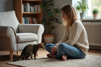 Femme assise avec un chat tabby dans un salon chaleureux