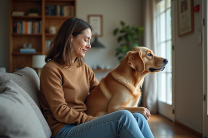 Femme senior avec son chien golden retriever à la maison