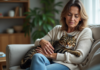 Femme assise avec chat lethargique dans un salon chaleureux