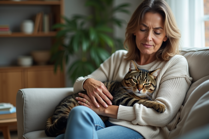 femme-souci-chat-tabby Femme assise avec chat lethargique dans un salon chaleureux