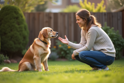 Femme souriante avec son chien dans le jardin