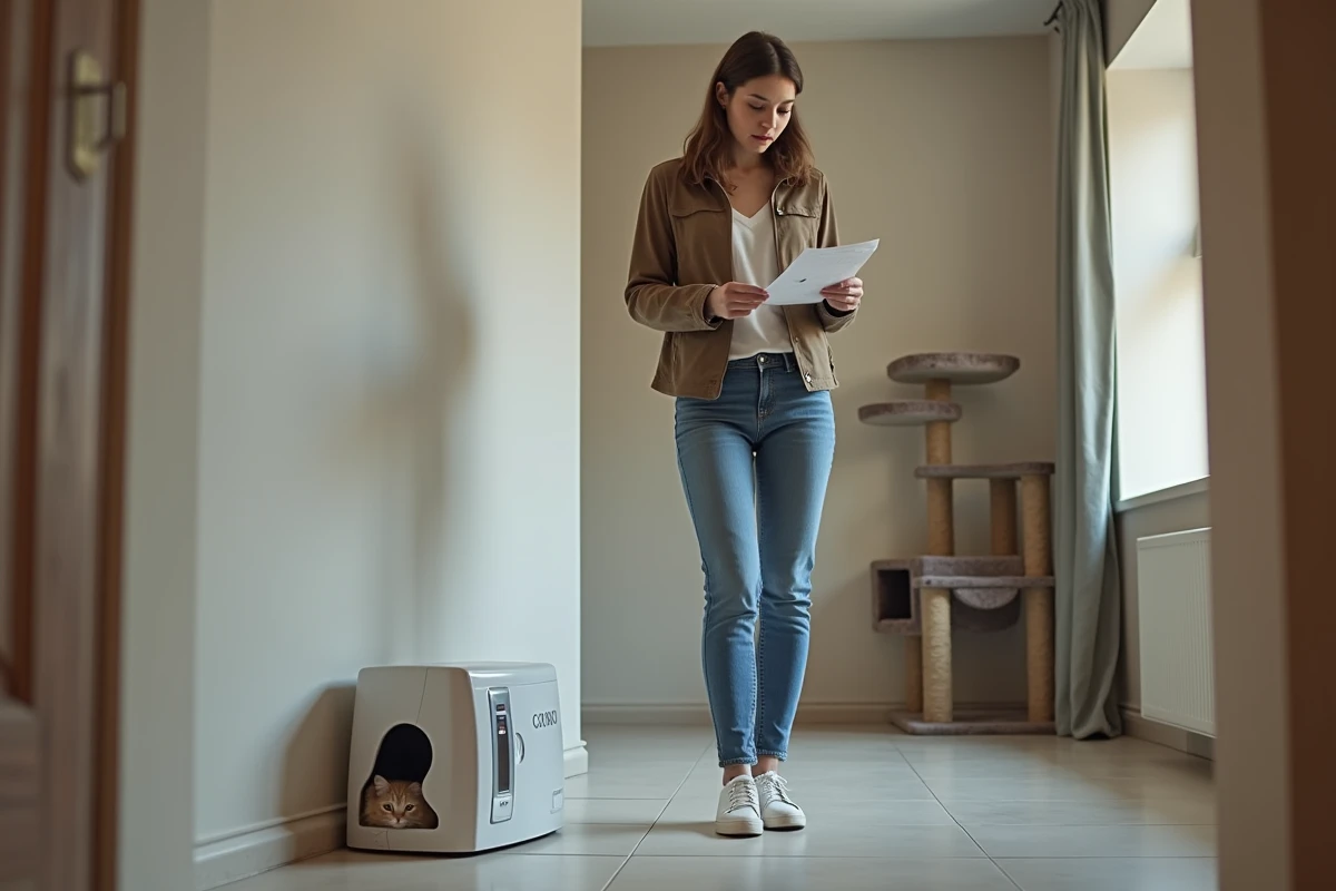 Jeune femme ajustant une trappe à chat dans la maison