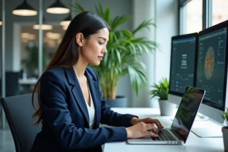 Jeune femme en blazer travaillant sur son ordinateur au bureau