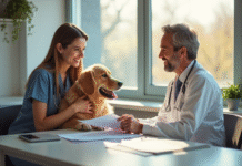 Jeune femme souriante avec son chien golden retriever chez le veterinaire