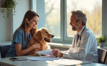 Comprendre la mutuelle pour animaux et ses vrais avantages Jeune femme souriante avec son chien golden retriever chez le veterinaire