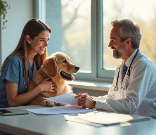 Jeune femme souriante avec son chien golden retriever chez le veterinaire