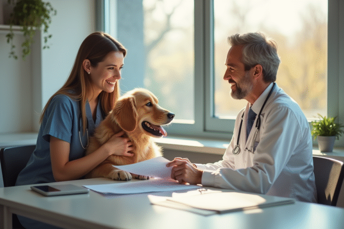 Jeune femme souriante avec son chien golden retriever chez le veterinaire