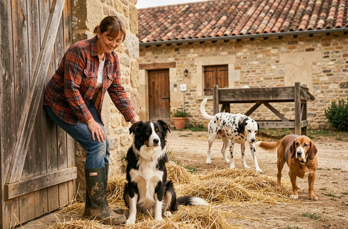 Une soignante avec des chiens dans la cour de La Ferme Saint-Jean, pension pour chiens en Seine-et-Marne