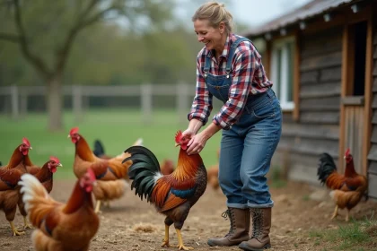 Fermière en extérieur séparant un coq de poules dans la ferme