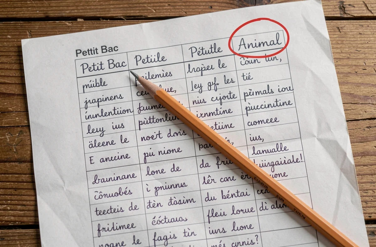 Feuille de Petit Bac vue de dessus avec grille manuscrite, la lettre I entourée dans la colonne Animal