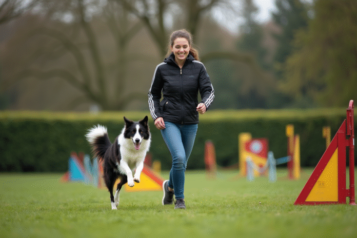 Jeune femme guide son chien d'agilité en extérieur