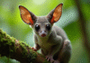 Galago perché sur une branche de mousse tropicale