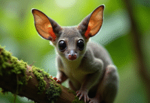 Galago perché sur une branche de mousse tropicale