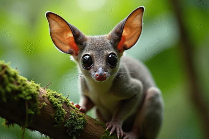 Galago perché sur une branche de mousse tropicale