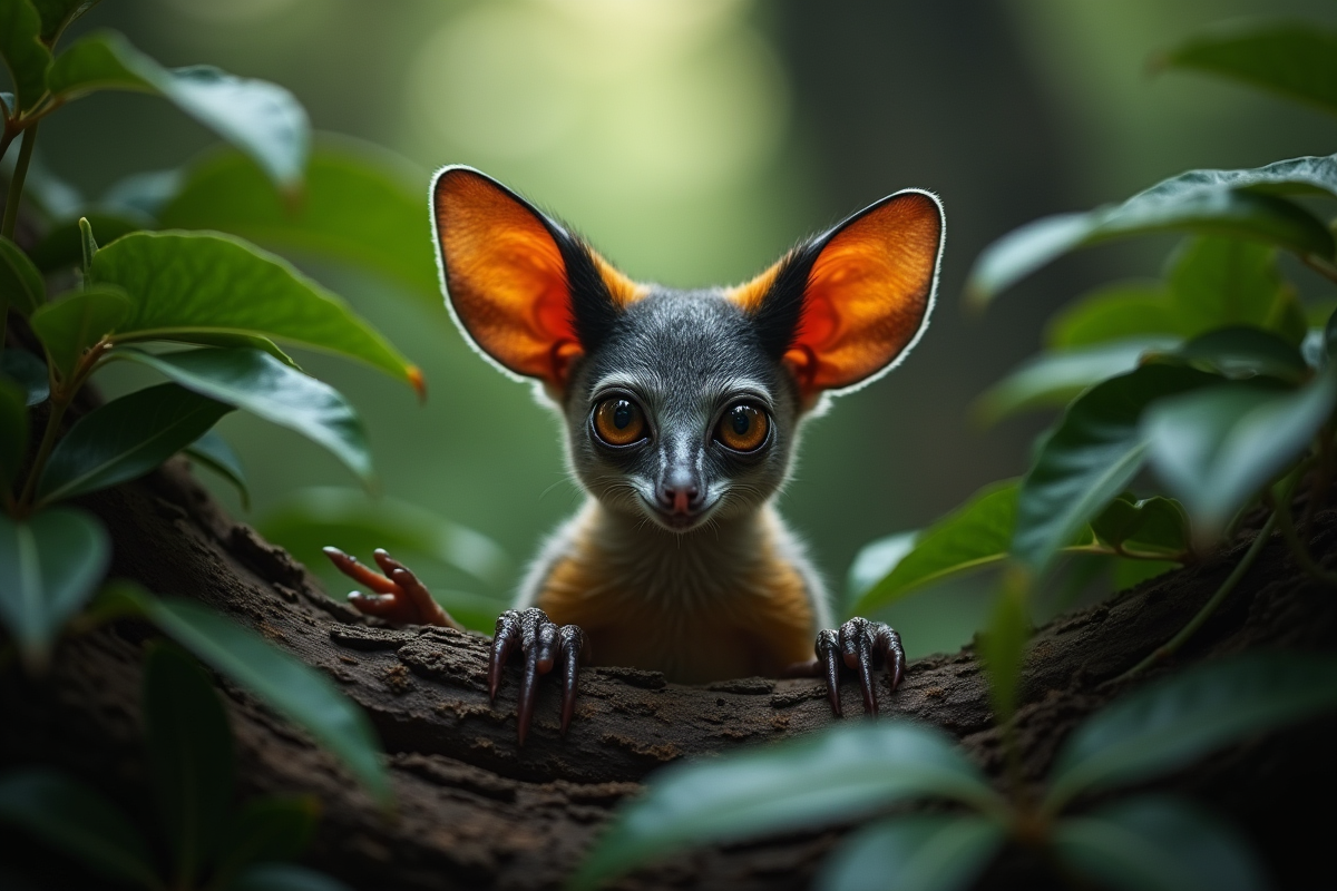 Galago curieux regardant depuis la végétation dense