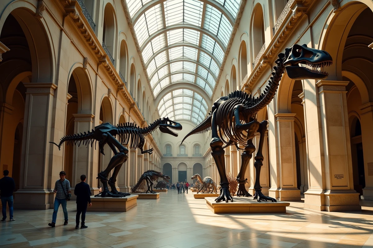 Grande galerie de muséum d'histoire naturelle avec plusieurs squelettes de dinosaures géants exposés sous des voûtes majestueuses