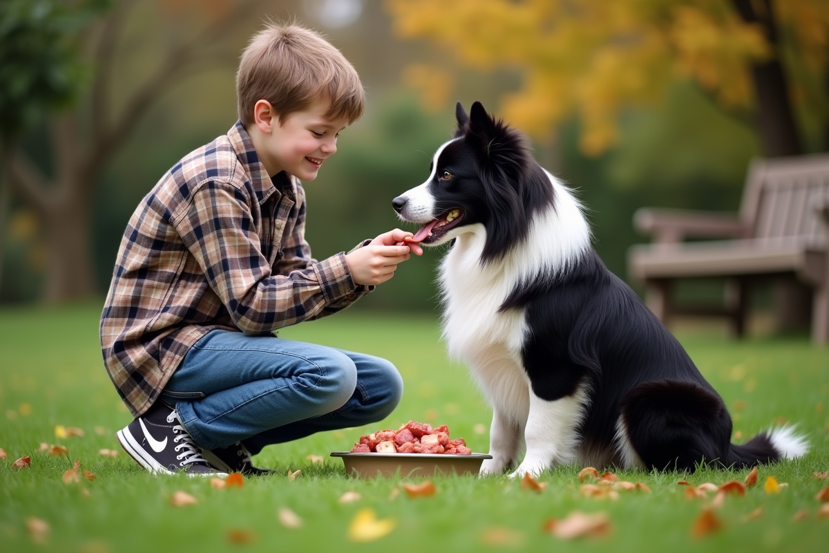 Adolescent offrant un repas à son chien dans le jardin