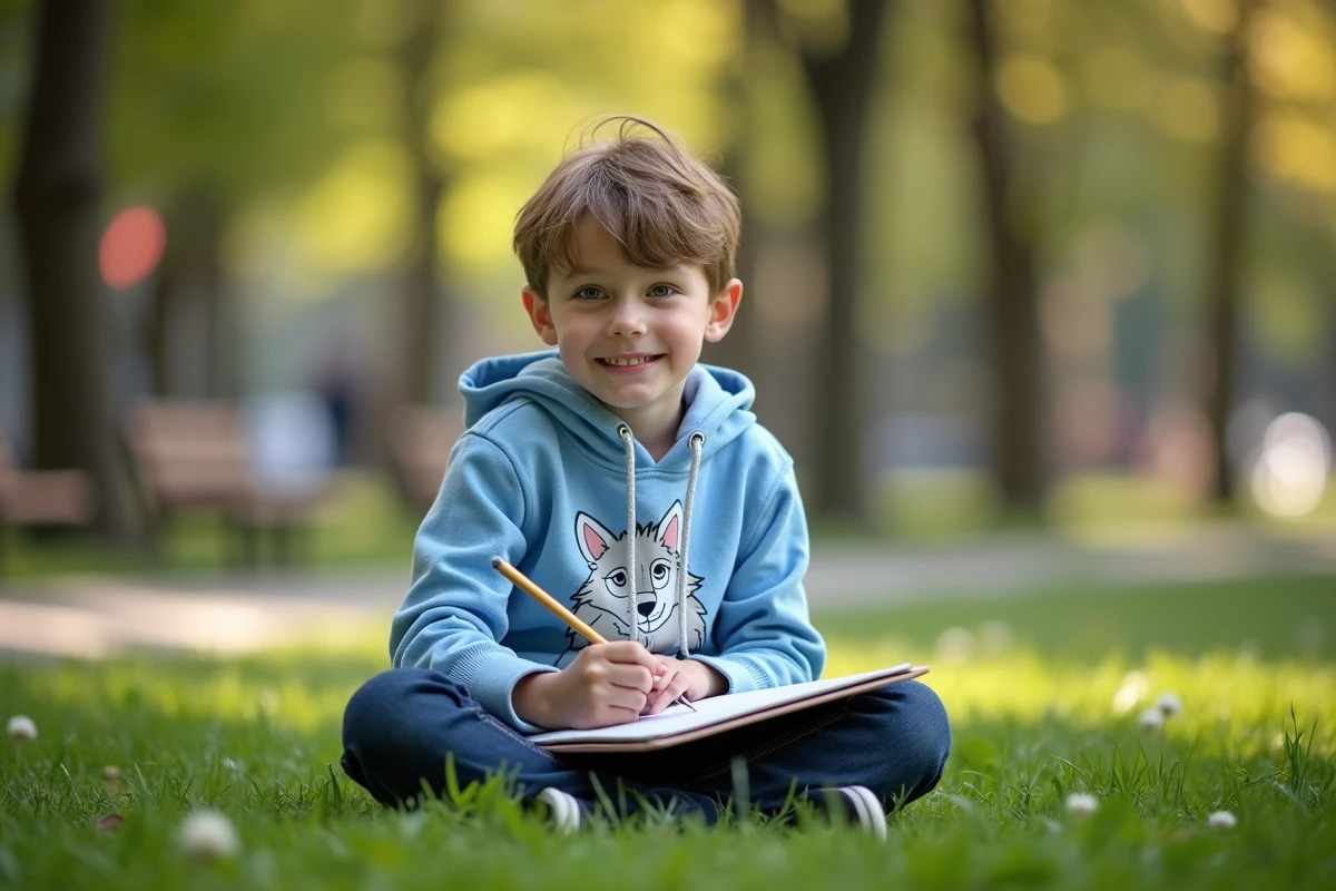 Garçon de 10 ans dessinant un loup dans un parc ensoleille