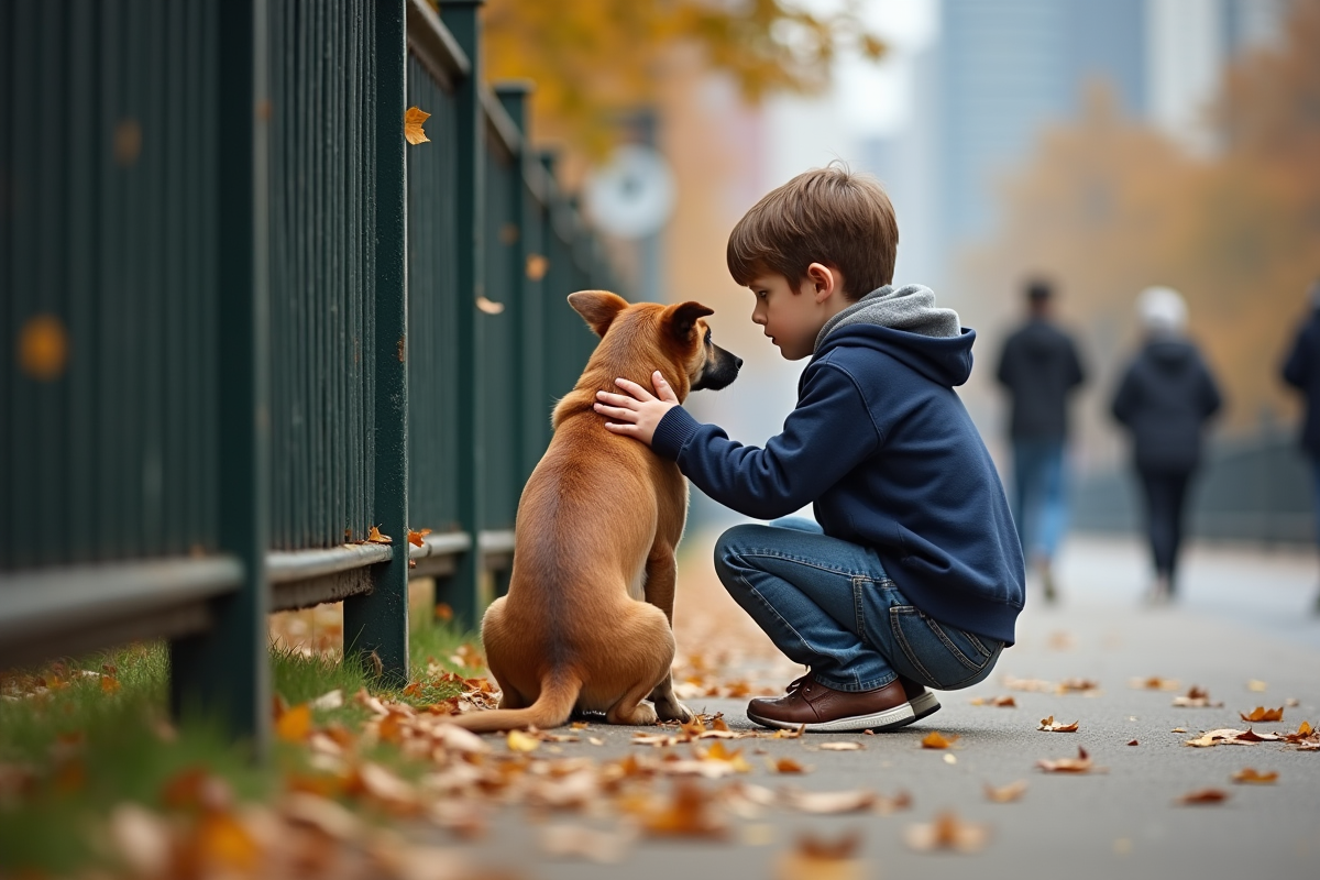 Jeune garçon avec son chien dans un parc urbain