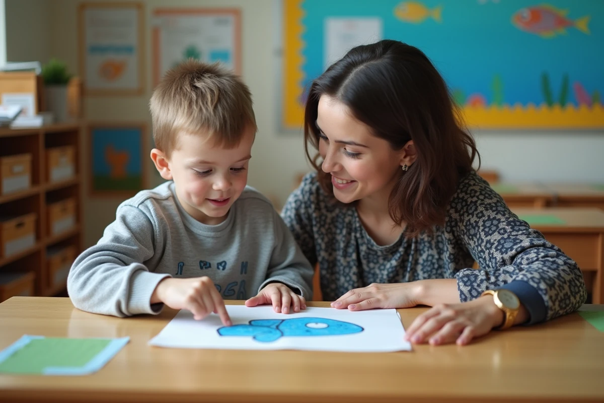 Garçon en classe regardant un dessin de poisson avec son enseignant