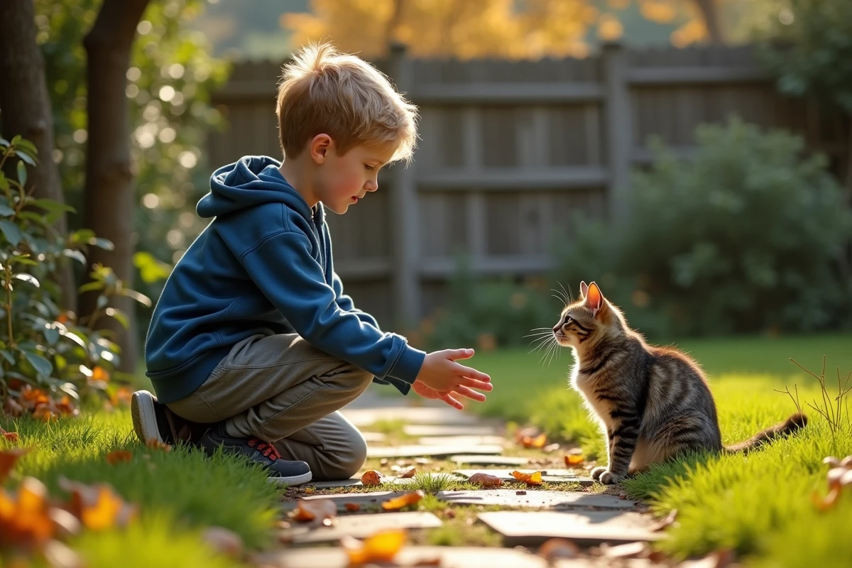 Jeune garçon dans le jardin avec un chat longhair timid
