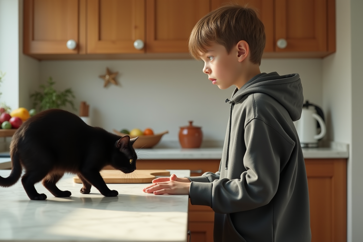 Adolescent observant un chat surpris sur le plan de travail