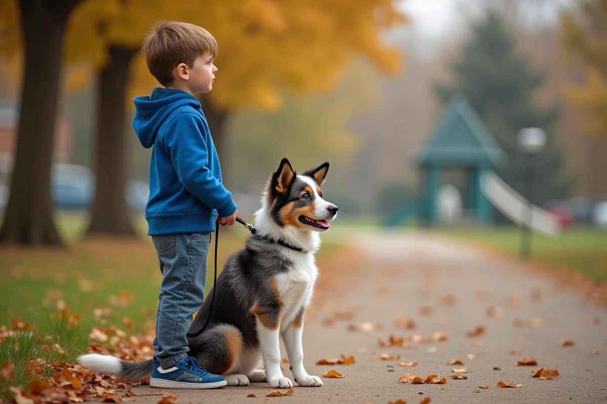 Garçon de 10 ans avec un chien australien dans un parc