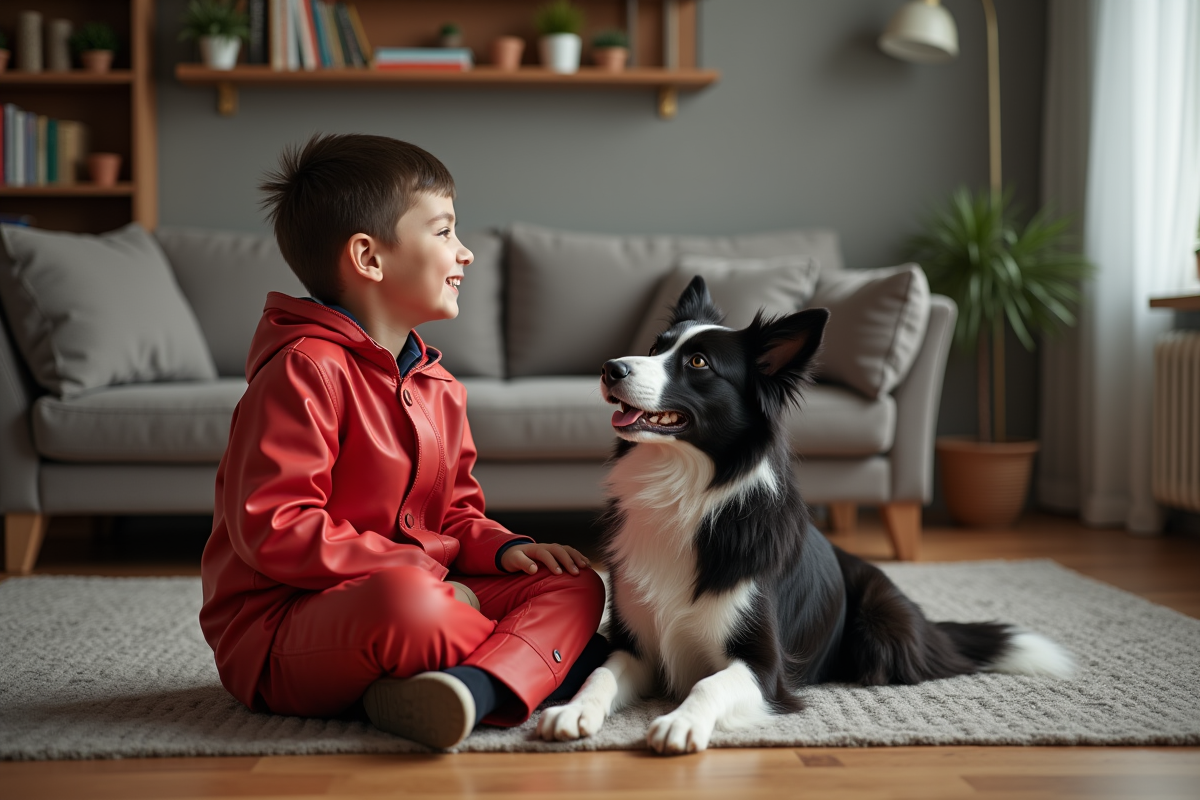 Garçon en imperméable rouge jouant avec un border collie à la maison