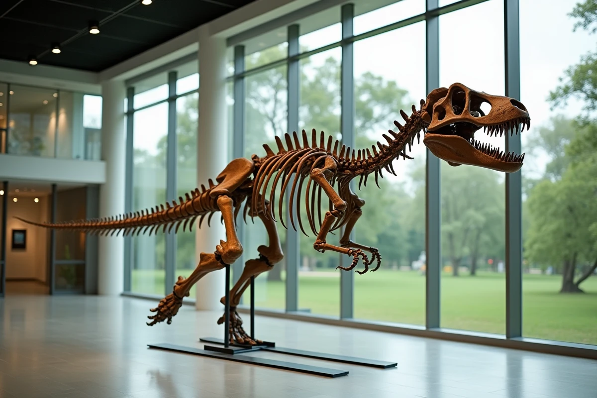 Squelette de Giganotosaurus carolinii en posture dynamique de course dans un espace muséal moderne d'Amérique du Sud