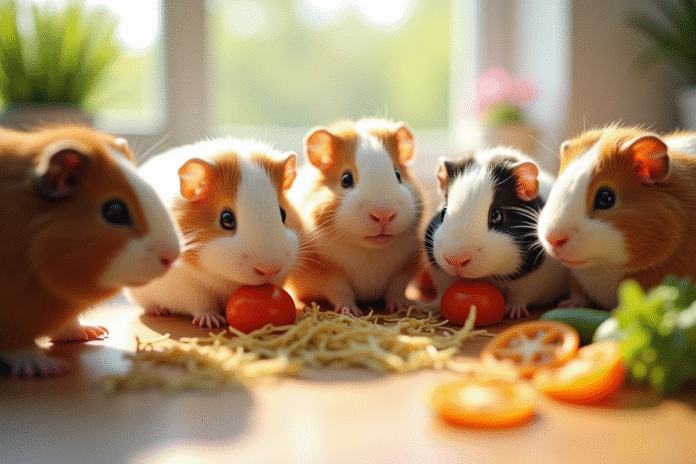 Groupe de bébés cobayes mangeant des légumes frais