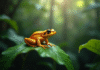Grenouille dorée perchée sur une feuille verte en forêt tropicale