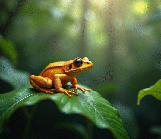 Grenouille dorée perchée sur une feuille verte en forêt tropicale