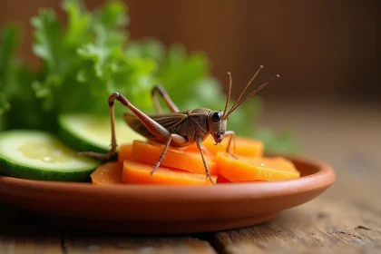 Gros plan d'un grillon d'ornement mangeant une rondelle de carotte et des légumes verts dans un terrarium