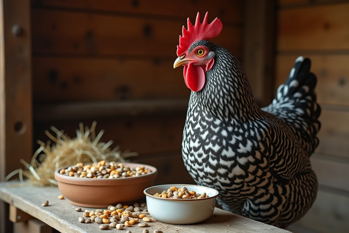 Gros plan d'une poule Plymouth Rock devant une gamelle remplie de granulés et coquilles d'huîtres pour améliorer la ponte