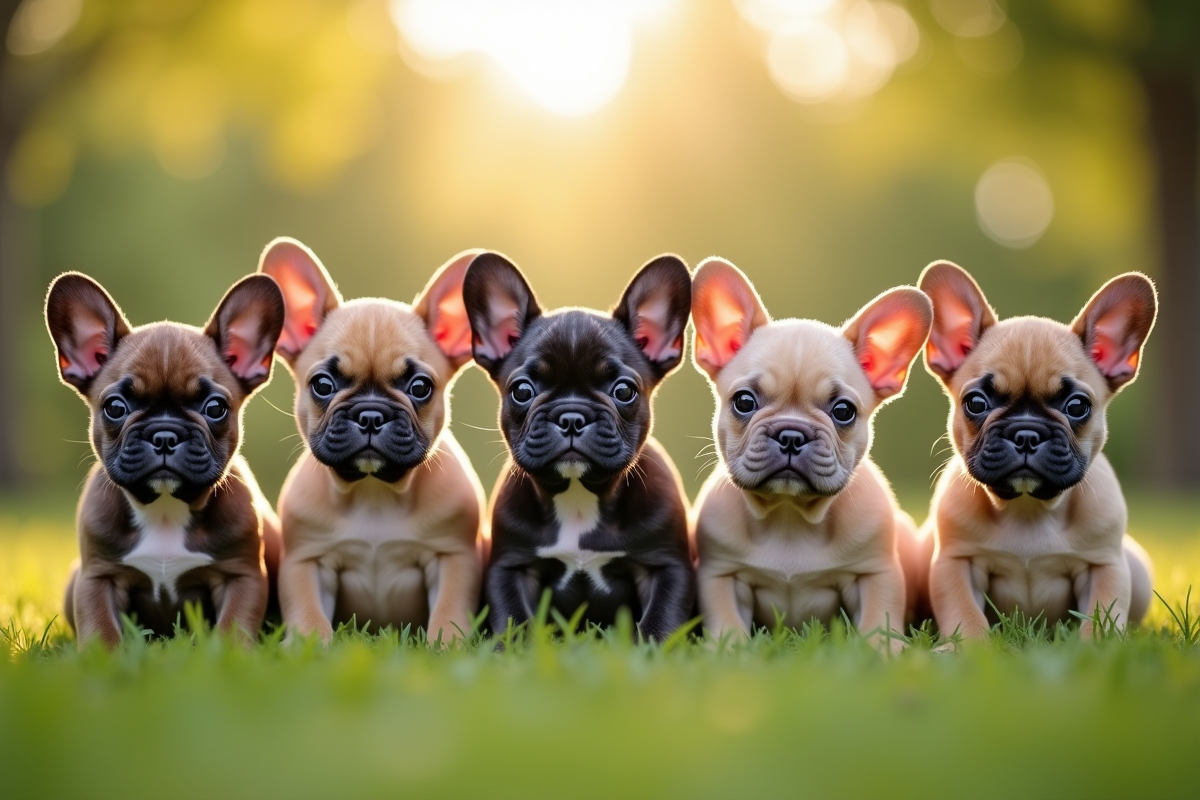 Groupe de chiots bulldog francais sur un gazon vert au matin