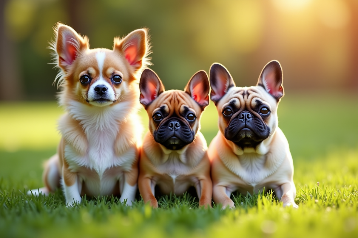 Groupes de petits chiens dont Chihuahua et Bouledogue en extérieur