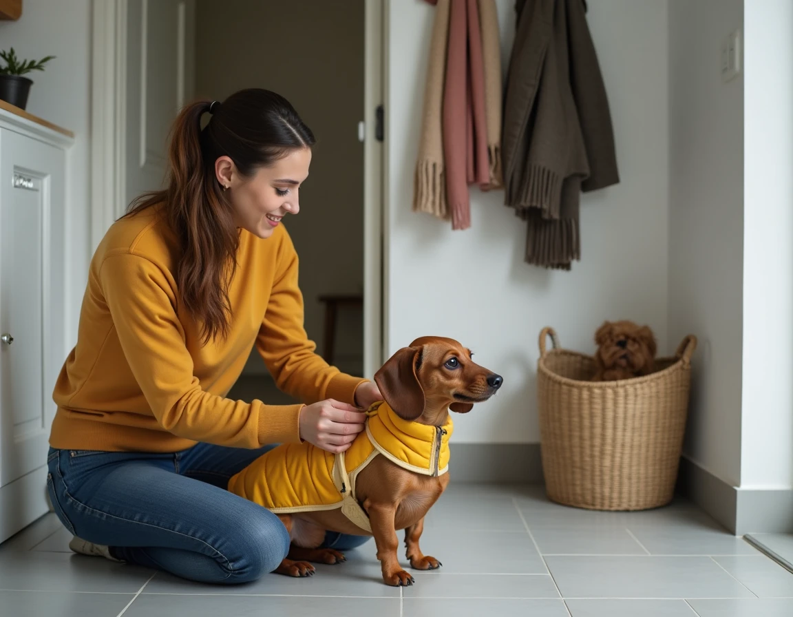 Femme habillant son teckel à poil dur d'un manteau matelassé jaune moutarde dans un couloir d'entrée moderne