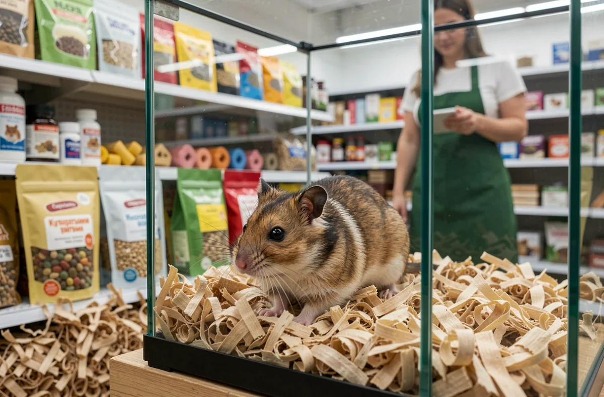 Hamster russe dans une animalerie entouré d'accessoires et de nourriture pour rongeurs