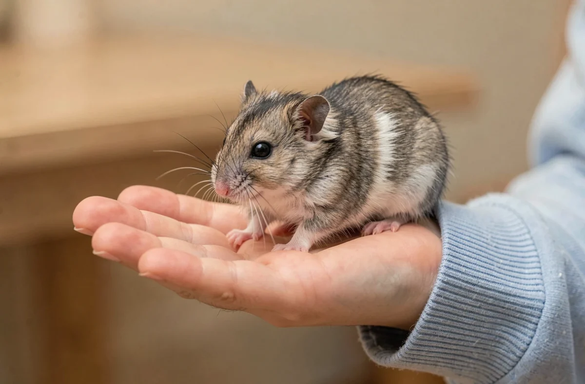 Hamster russe nain posé dans la main d'un enfant, petit animal gris et blanc au pelage doux