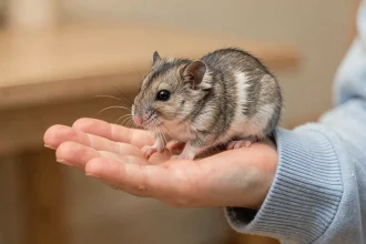 Hamster russe nain posé dans la main d'un enfant, petit animal gris et blanc au pelage doux