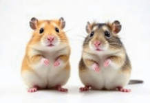 Deux hamsters côte à côte sur fond blanc naturel