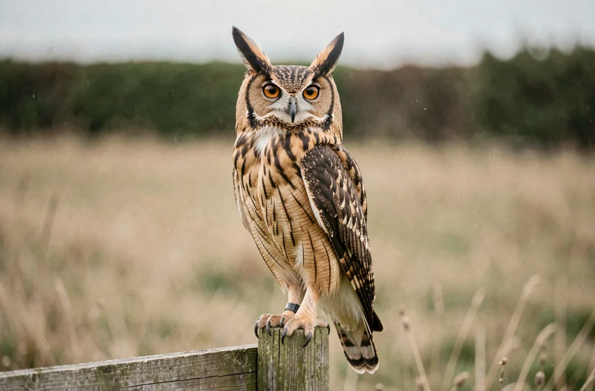 Hibou moyen-duc avec ses aigrettes dressées perché sur un poteau en bois, illustrant la différence visuelle avec la chouette