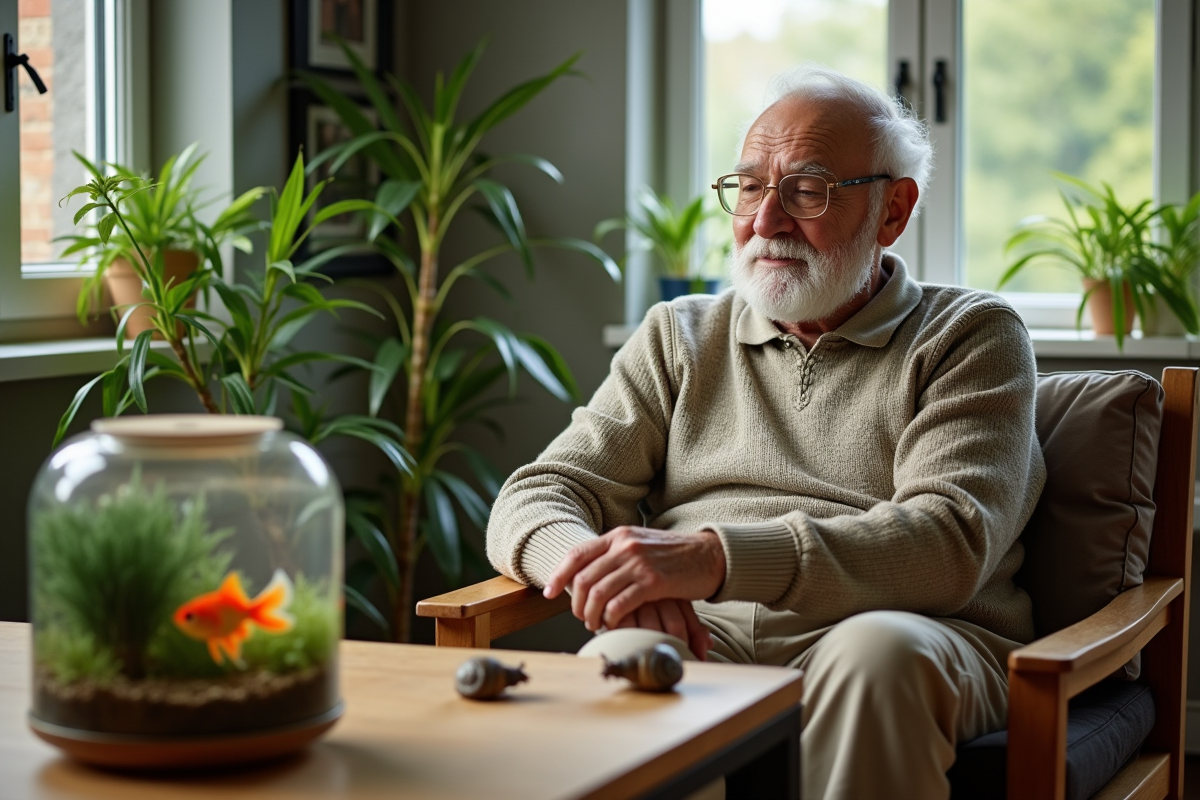 Homme âgé relaxant avec poissons et escargots dans un intérieur