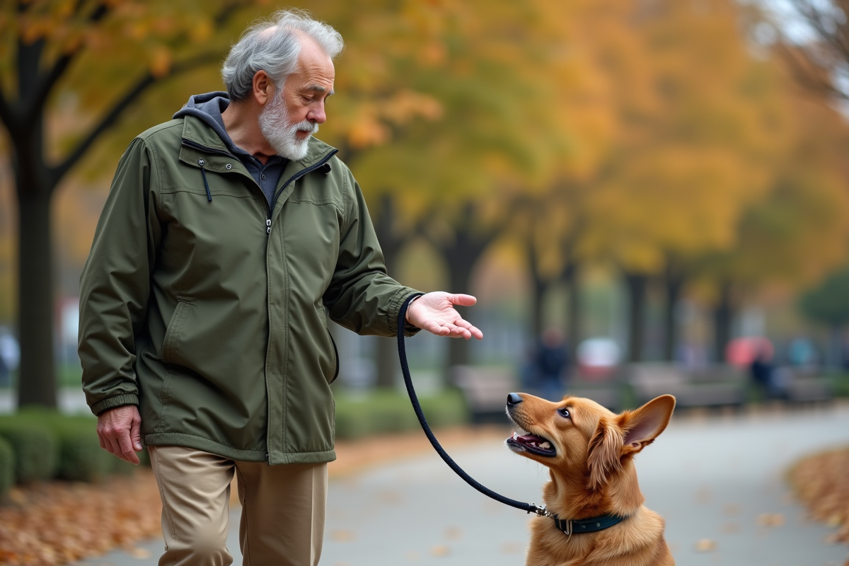 Homme avec un chien en promenade dans un parc