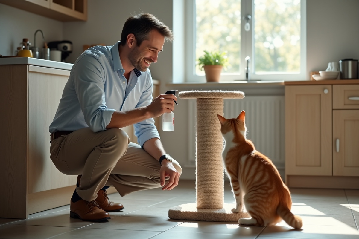 Homme utilisant un spray pour chat dans la cuisine moderne