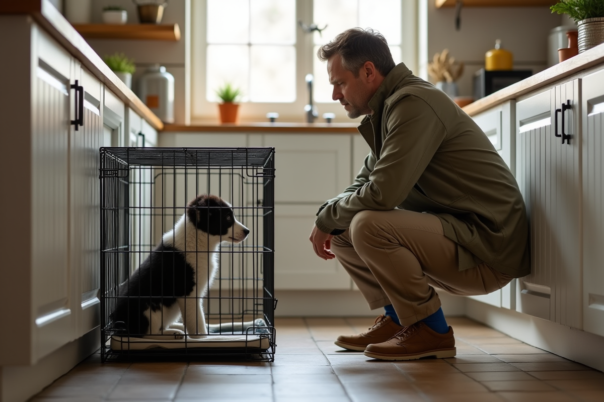 Homme regardant un chiot border collie dans une cage en cuisine