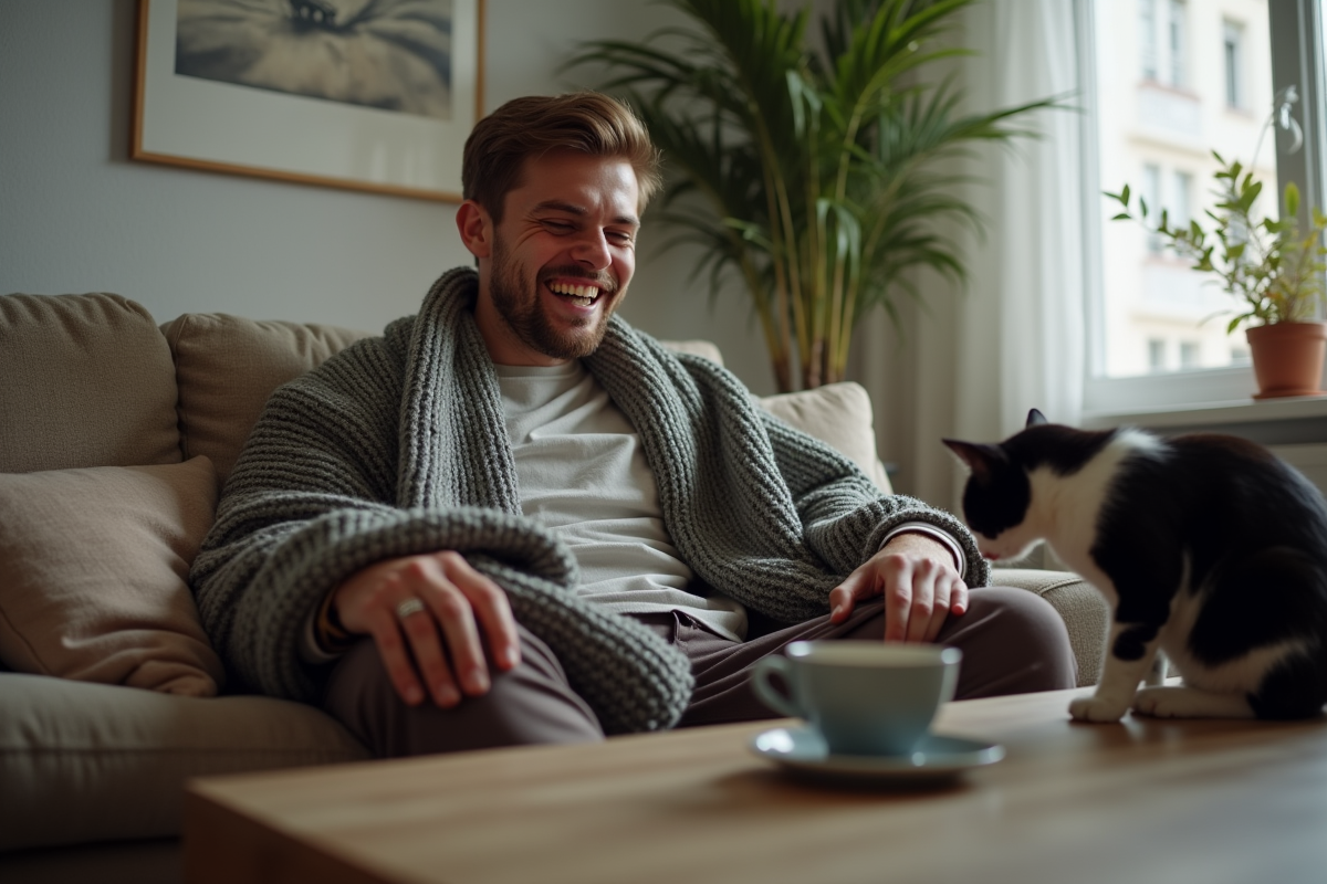 Jeune homme avec chat noir et blanc sur le canapé