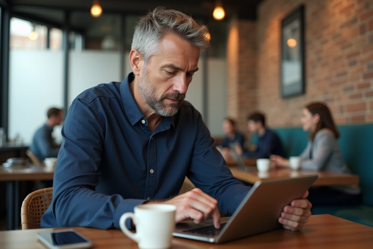 Homme adulte explorant un site internet sur une tablette dans un café moderne en ville